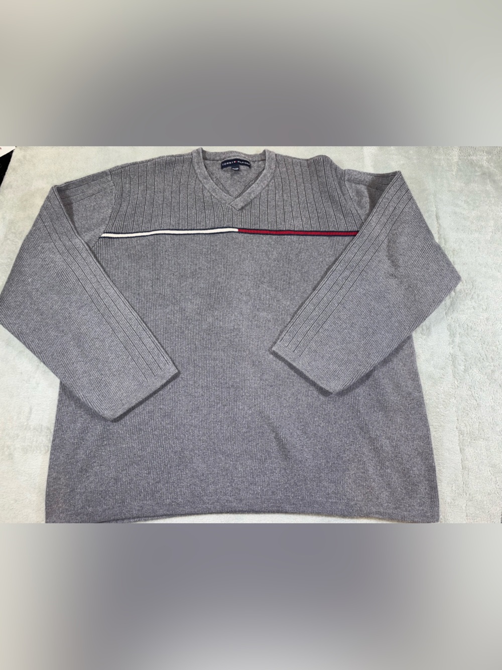 VTG Tommy Hilfiger Gray Ribbed V-Neck Sweater Stripe Men's XXL Cotton